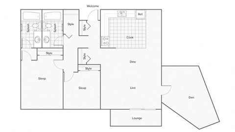 Floor plan for 2 beds, 2 baths, 1060 sqft